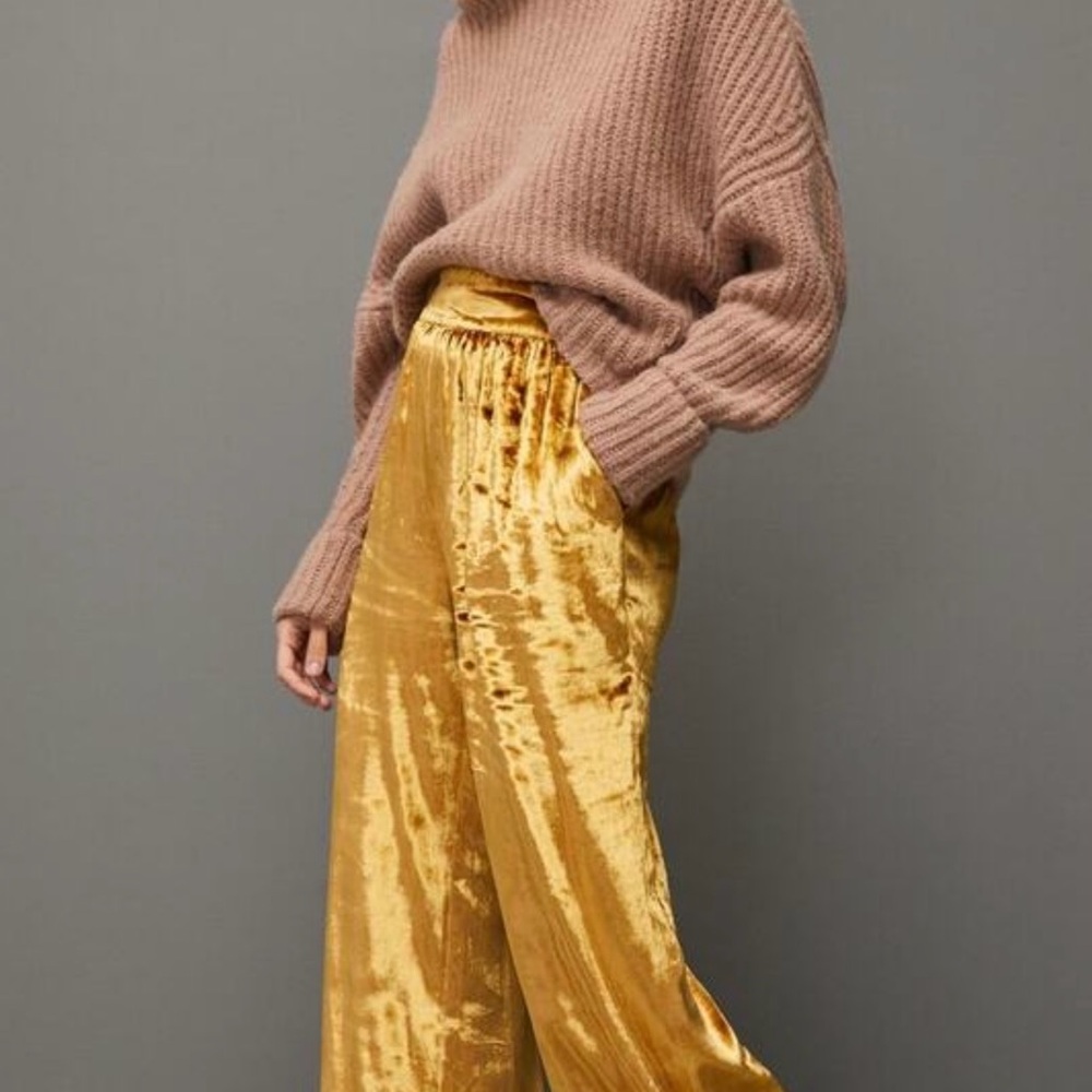 Anthropologie Gold Velvet Wide-Leg Pants